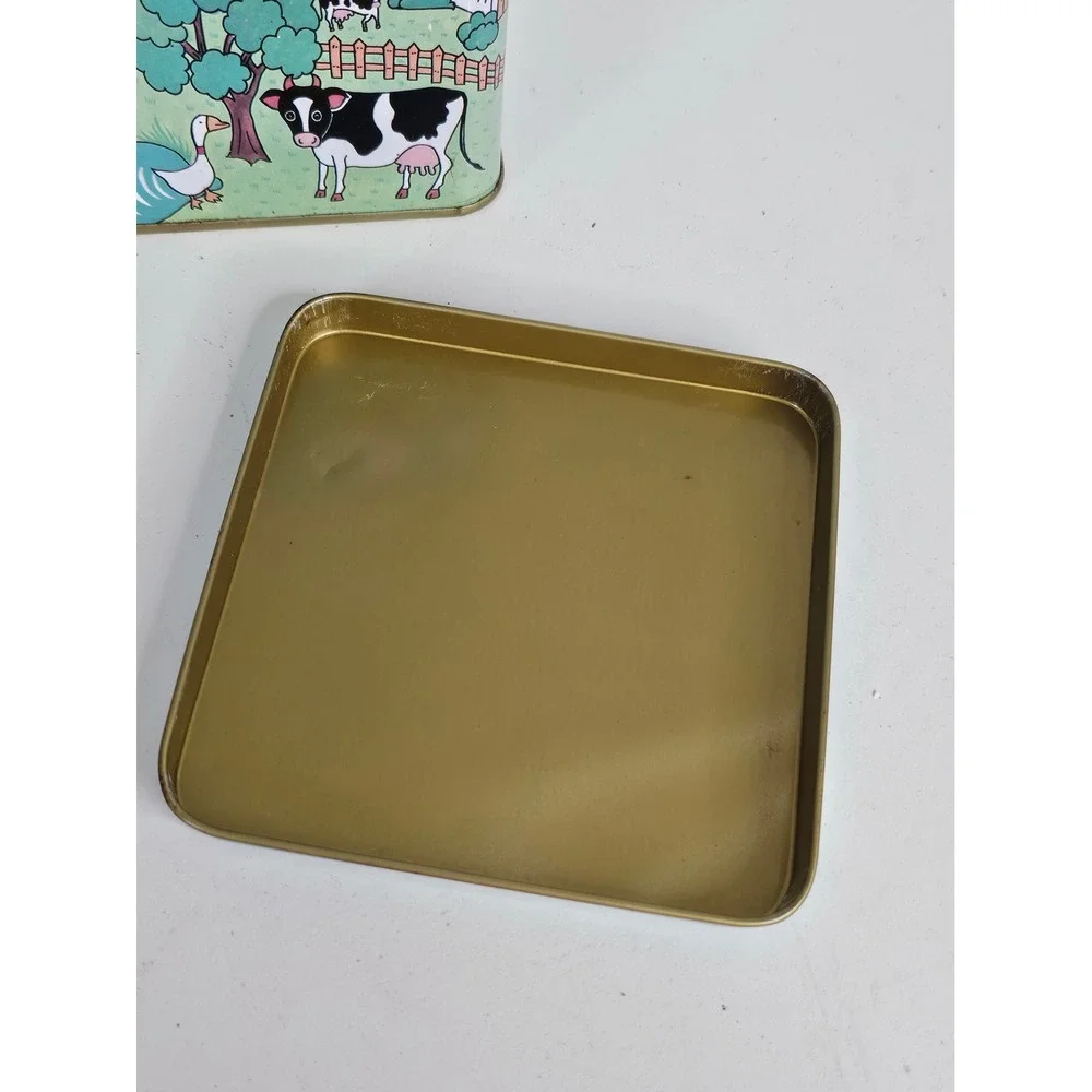 Vintage Farm Scene Metal Tin Cow Goose Pastoral Landscape Square Storage Can